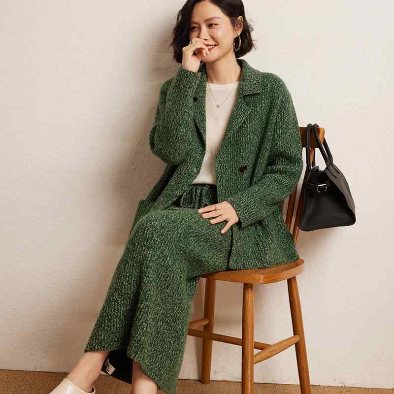 レディース カシミヤニット セットアップ テーラードカラー 杢調 韓国風 秋冬 通勤 オフィス ノーアイロン 暖かい ミモレ丈スカート ゆったり