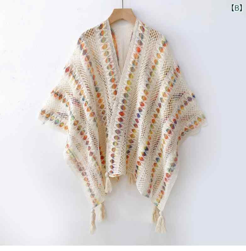 ショール レディース 春夏 薄手 透かし編み 羽織り ポンチョ ストール エスニック 民族風 レトロ 冷房対策 日よけ 紫外線対策 体型カバー フリンジ 綿 コットン ホワイト ベージュ
