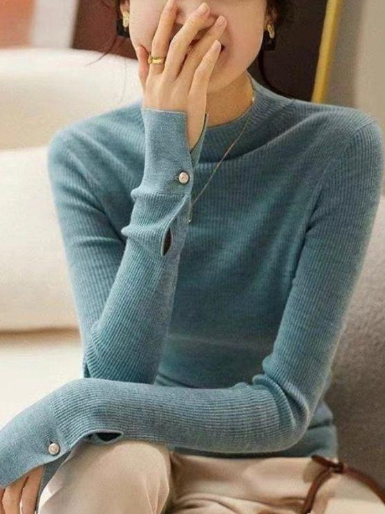 Knitting, Sweaters - ニット レディース 秋冬 長袖 保温 スリムフィット ハイネック プルオーバー おしゃれ 上品 エレガント きれいめ 通勤 オフィス カジュアル 切り替え ポリエステル セーター