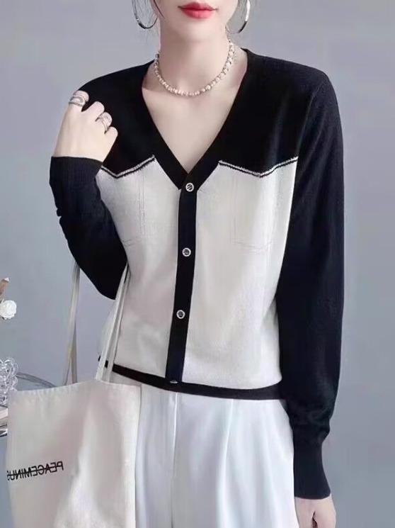 Long-Sleeved Knit - ニットカーディガン レディース 通勤 Vネック 配色切り替え ゆったり シングルボタン 欧米風 上品 フェイク 重ね着風 秋冬物 長袖