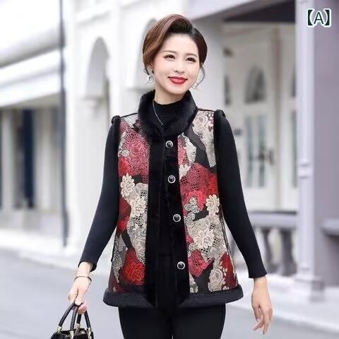 ベスト レディース ミセス シニア 裏起毛 あったか 防寒 ゆったり 体型カバー おしゃれ 前開き ボタン 花柄 ポリエステル 秋冬 普段着 お出かけ着 赤 緑