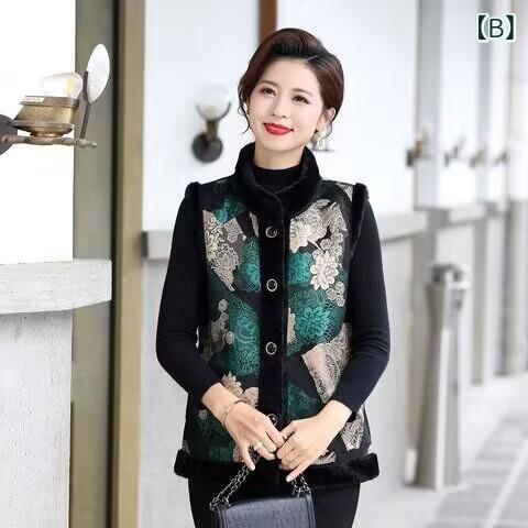 ベスト レディース ミセス シニア 裏起毛 あったか 防寒 ゆったり 体型カバー おしゃれ 前開き ボタン 花柄 ポリエステル 秋冬 普段着 お出かけ着 赤 緑