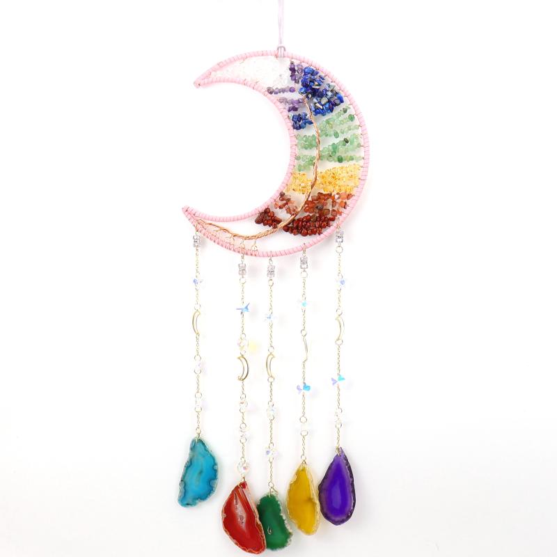サンキャッチャー ウィンドチャイム 手巻き ワイヤーアート 天然水晶 さざれ石 生命の樹 月 太陽 瑪瑙..