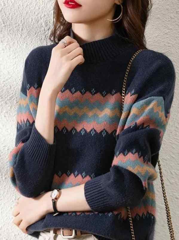 毛衣 レディース モックネック ニット 長袖 パイピング デザイン おしゃれ 秋冬 通勤 プルオーバー きれいめ ポリエステル ミドルゲージ レギュラーフィット ネイビー カーキ