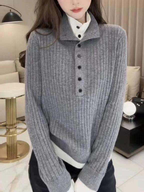 ニット レディース 厚手 ゆったり 切り替え フェイクレイヤード プルオーバー 長袖 韓国風 きれいめ レトロ トレンド バイカラー ハーフジップ 通勤 オフィス カジュアル ポリエステル 秋冬 セーター