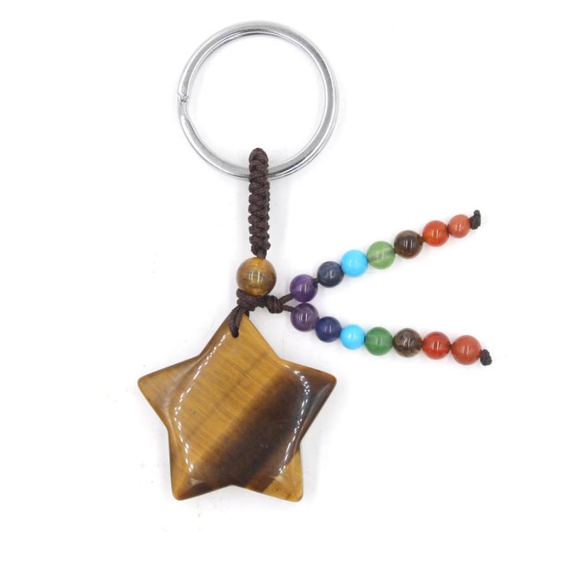 キーホルダー 7種の天然石 水晶 ラウンドビーズ スター 星形 個性的なデザイン 電気メッキ加工 バッグ..