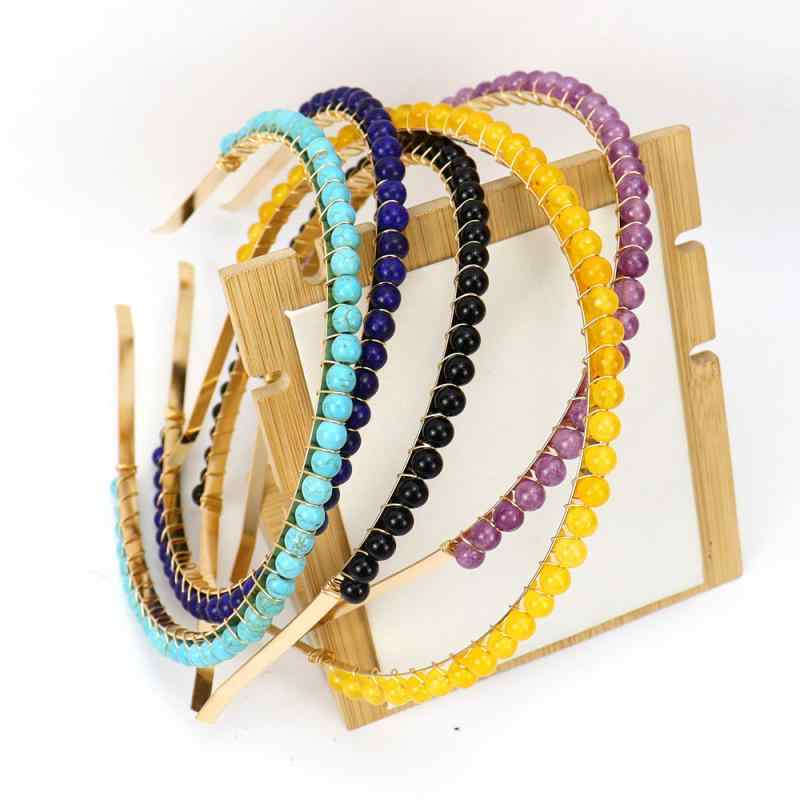 ヘアアクセサリー レディース 女性用 手作り ゴールド ワイヤー巻き 6mm 天然水晶ビーズ クラウン カチューシャ カラフル