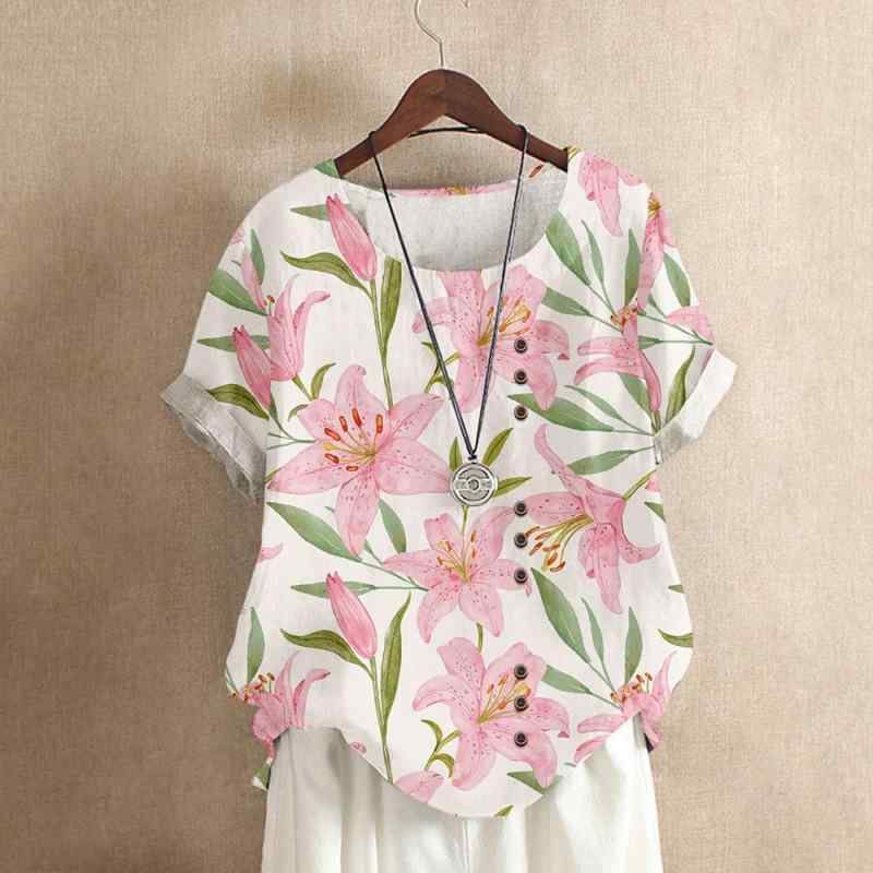 Tシャツ レディース 大きいサイズ ゆったり オーバーサイズ 綿麻 春夏素材 涼しい プリント 百合 花柄 レトロ 丸首 プルオーバー 大人女子 ミセス 快適カジュアル デイリーユース ピンク