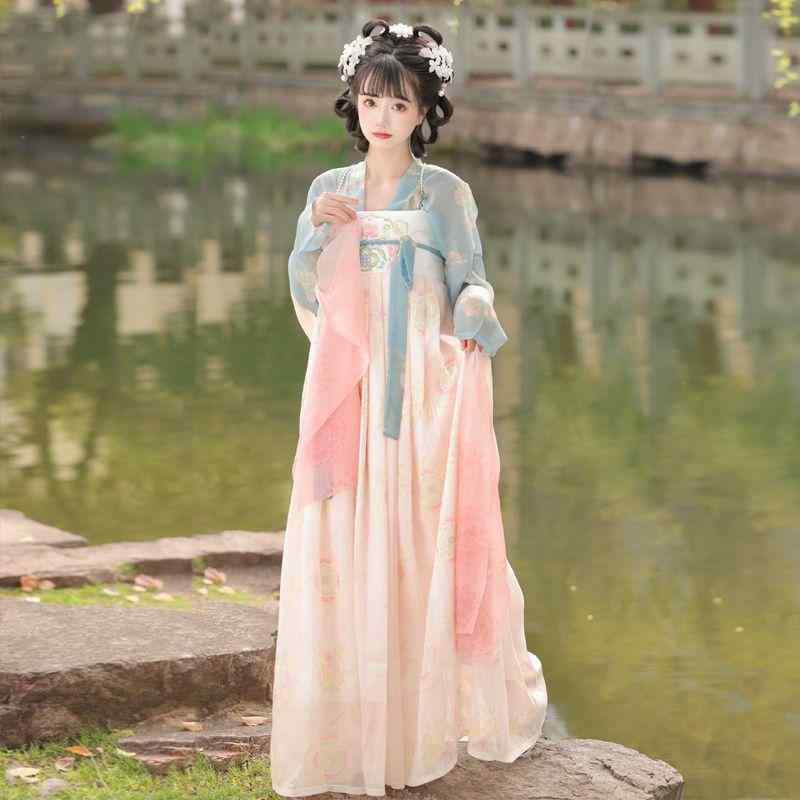 漢服 中華服 親友 お揃いコーデ 春夏 斉胸襦裙 ワンピース ドレス 刺繍 総柄 上品 エレガント シフォン 再生繊維 爽やか 涼しげ パステ..