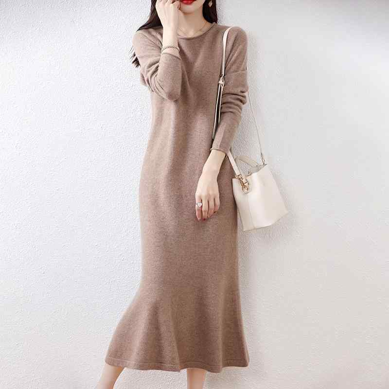 ニットワンピース レディース 秋冬 上質ウール 保温 長袖 プルオーバー ラウンドネック 無地 着痩せ スリム効果 体型カバー 通勤 エレガント ロング丈 マーメイドライン