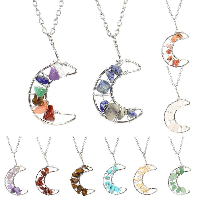 ネックレス レディース 女性用 天然石 パワーストーン シルバー ハンドメイド ワイヤーラッピング さざれ石 水晶 アメジスト 月モチーフ ペンダント ロングネックレス カジュアル フォーマル