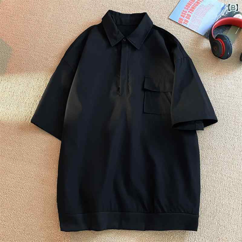 ポロシャツ メンズ 半袖 ゆったり オーバーサイズ トレンド カジュアル ワークテイスト 綿混 ポリエステル素材 春夏 普段着 デイリーユース おしゃれ 襟付き トップス