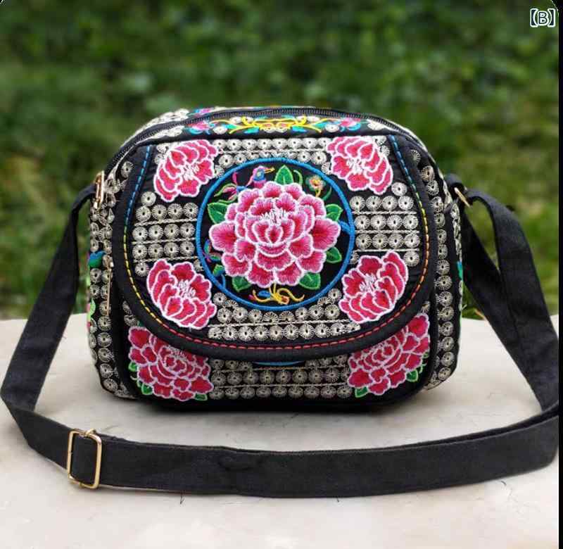 バッグ レディース エスニック 民族調 雲南 花柄 刺繍 ショルダー 斜めがけ 帆布 キャンバス ミセス 大人女性 お出かけ 旅行 スクエア型 ファスナー開閉