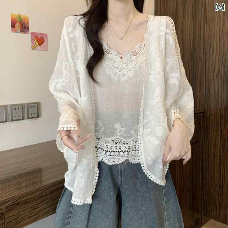セットアップ レディース 大きいサイズ ぽっちゃり 体型カバー 着痩せ 鍵編み レース 刺繍 ブラウス 2点セット キャミソール カーディガン 上品 通勤 オフィス 綿 ホワイト アプリコット ドルマンスリーブ 長袖 春夏