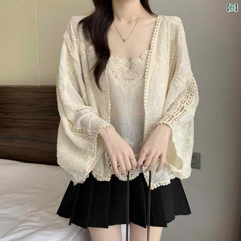 セットアップ レディース 大きいサイズ ぽっちゃり 体型カバー 着痩せ 鍵編み レース 刺繍 ブラウス 2点セット キャミソール カーディガン 上品 通勤 オフィス 綿 ホワイト アプリコット ドルマンスリーブ 長袖 春夏
