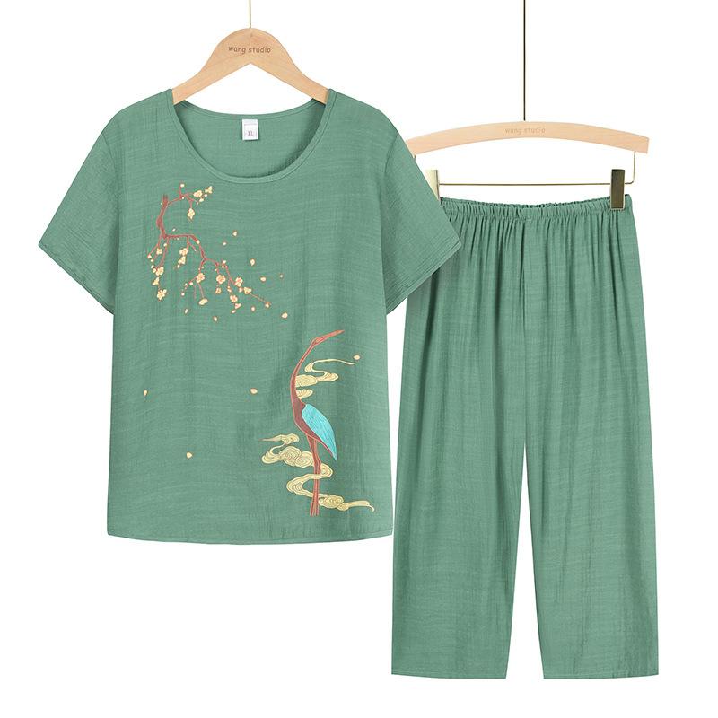 セットアップ レディース ミセス シニア 40代 50代 綿麻素材 通気性 涼しい 半袖Tシャツ 七分丈ストレートパンツ ゆったり プリント カジュアル 2点セット 夏 部屋着