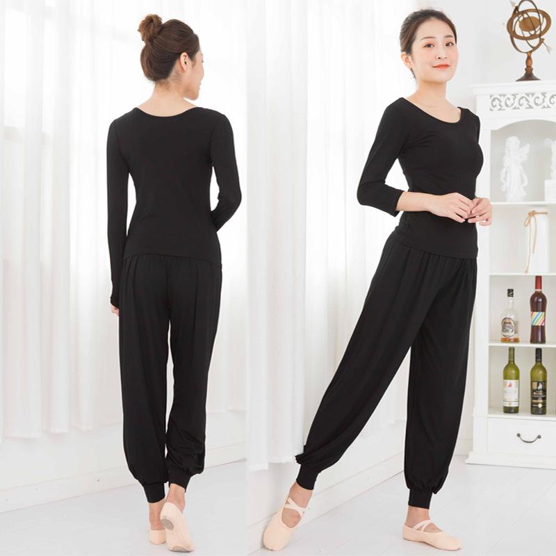 ダンスウェア レディース 大人用 モーダル 丸首 トップス ゆったり ルーズフィット ハーレムパンツ アラジンパンツ セットアップ ブラック レッスン着 練習着 舞台衣装