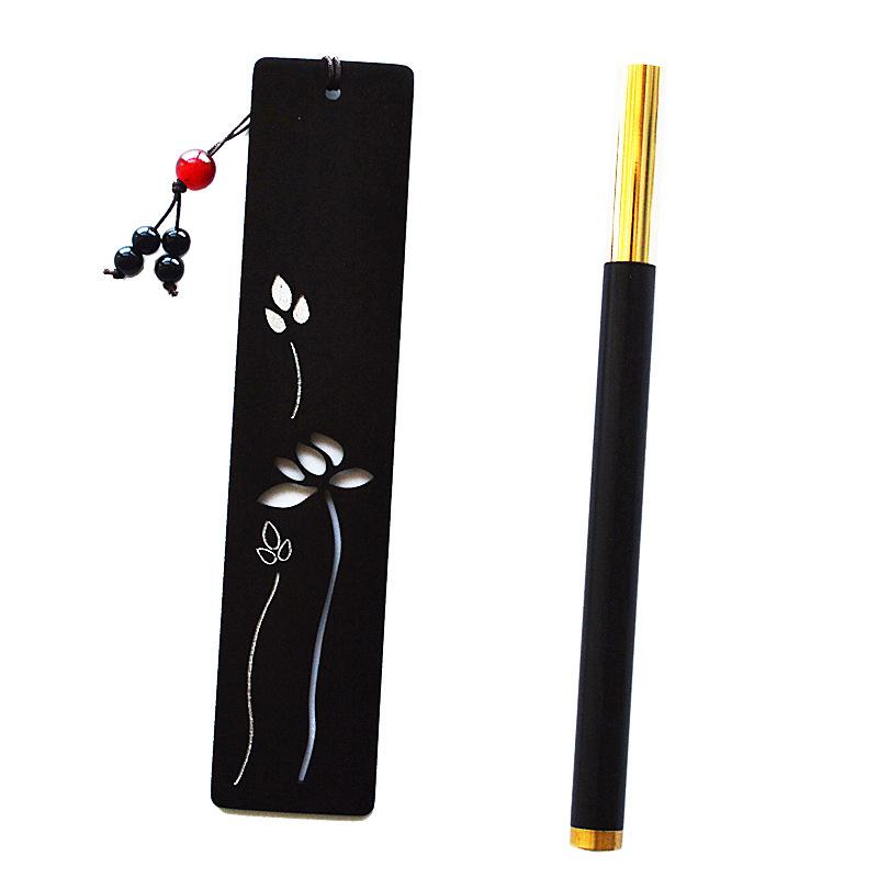 しおり ボールペン セット 黒檀 木製 透かし彫り 蓮 故宮デザイン 上品な高級感 手描き 金彩 銀彩 和風..