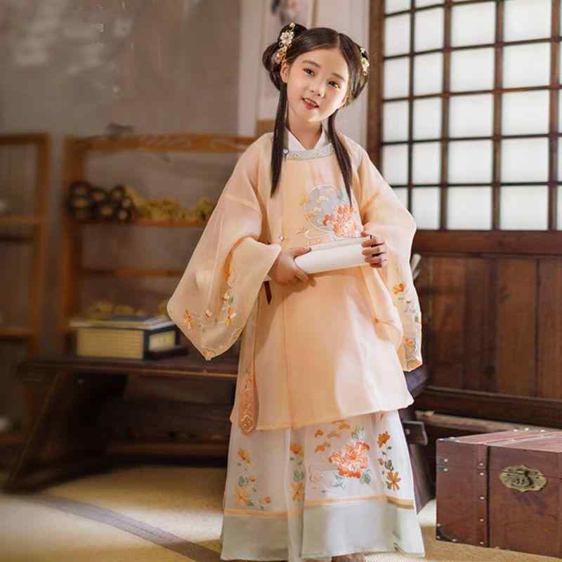 漢服 キッズ 女の子 ジュニア 薄手 優雅 軽やか 改良 明朝様式 古風 ワンピース セット シフォン プリ..