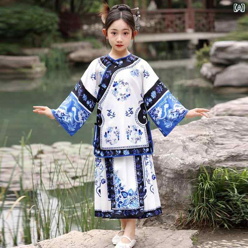 キッズ 女の子 漢服 青花柄 プリンセスドレス 宮廷風 古風 セットアップ ジュニア 柔らか素材 中華風 伝統衣装 春夏秋 イベント 発表会 上下セット