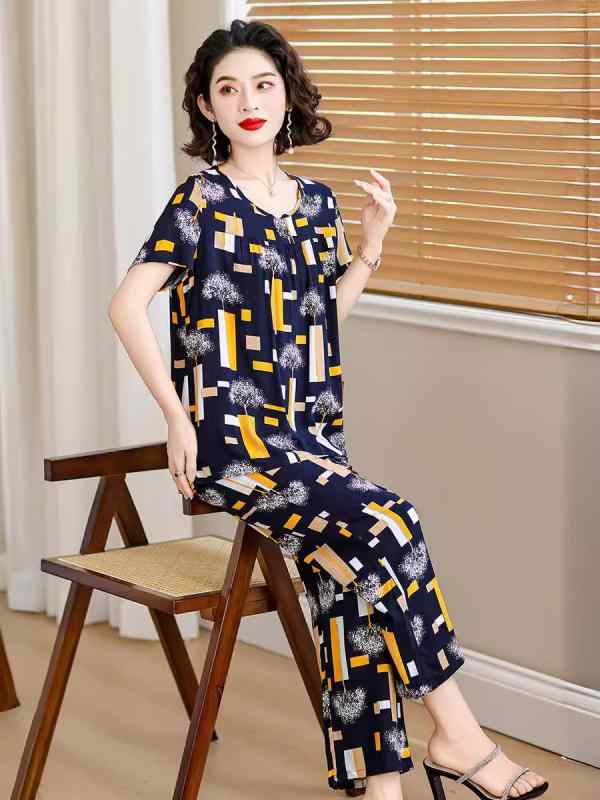 セットアップ ルームウェア レディース 女性用 中高年 ママ 夏 半袖 ロングパンツ ポリエステル レーヨン 花柄 立体プリント 快適 部屋着 パジャマ ゆったり 体型カバー 通勤 カジュアル
