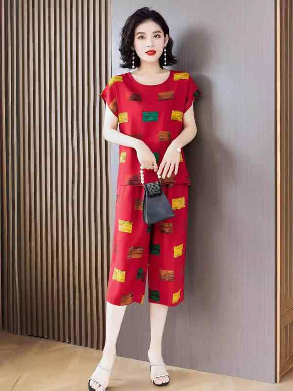 カジュアルセットアップ レディース シニア ミセス ママ 祖母 春夏 半袖 2点セット パンツ 小花柄 プリント ゆったり 体型カバー 七分丈パンツ 快適素材 肌触り抜群 きれいめ エレガント 上品 リラックス 通勤