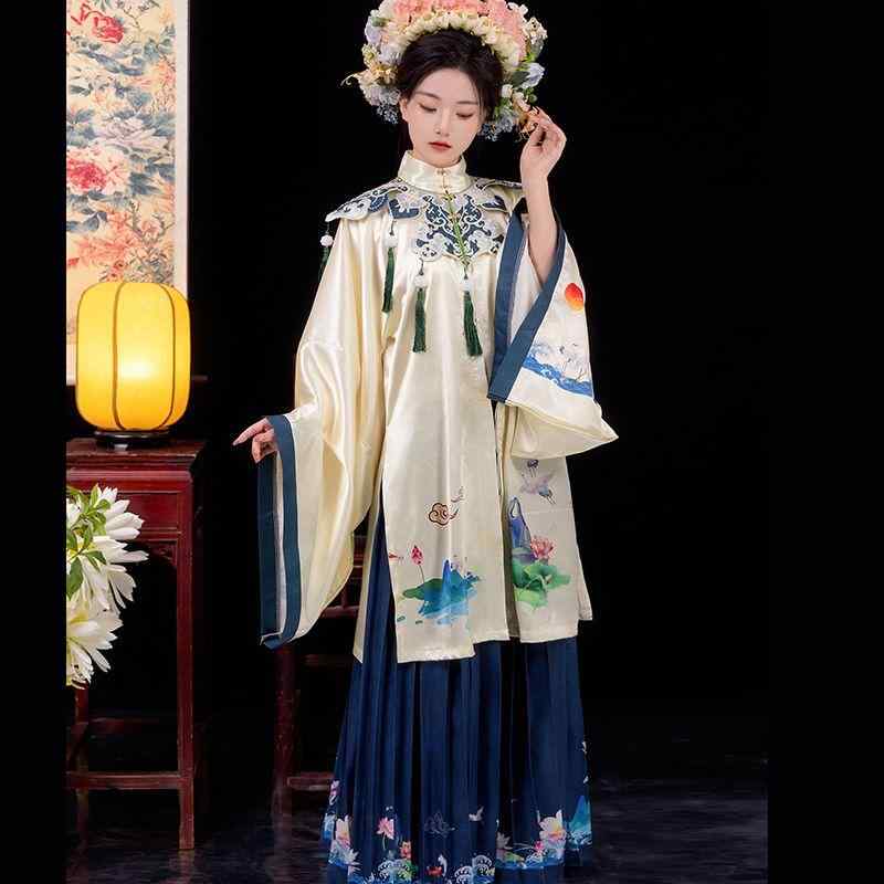 漢服 レディース セットアップ 明朝様式 中国風 ポリエステル 豪華刺繍 簪花飾り プリーツスカート 雲肩 日常使い 春 華やか 東洋の趣 彩絵 上下セット