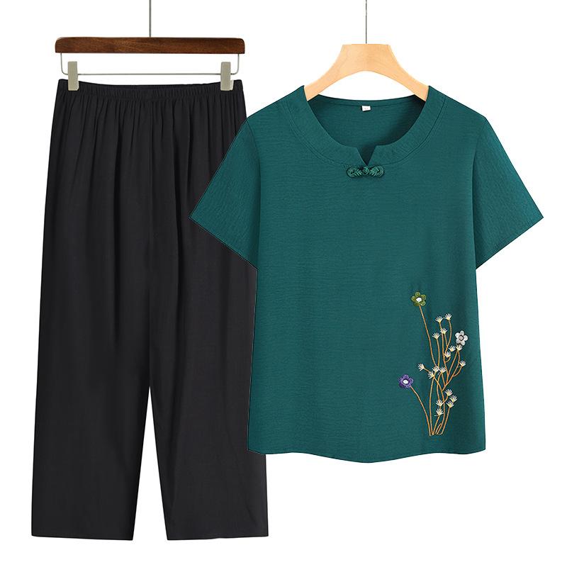 Tシャツ セットアップ レディース ミセス シニア 夏 半袖 丸首 ゆったり クロップドパンツ 上下セット カジュアル 部屋着 普段着 大きいサイズ ポリエステル
