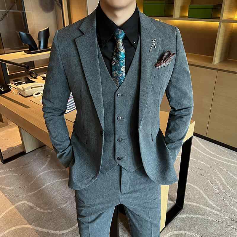 スーツ メンズ 男性用 大きいサイズ ビジネス 結婚式 新郎 フォーマル セレモニー 通勤 スリーピース セットアップ ベスト付き スリムフィット オールシーズン シングルボタン 混紡素材