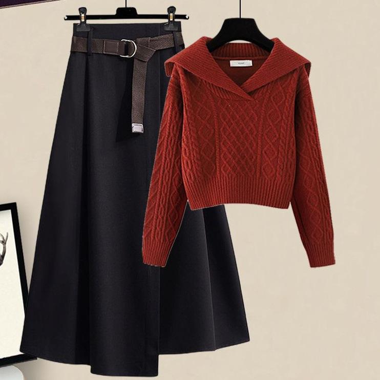 ニットセットアップ レディース カジュアル セーラーカラー レトロ ゆったり ショート丈トップス ミディ丈スカート 2点セット 秋冬 小柄な方