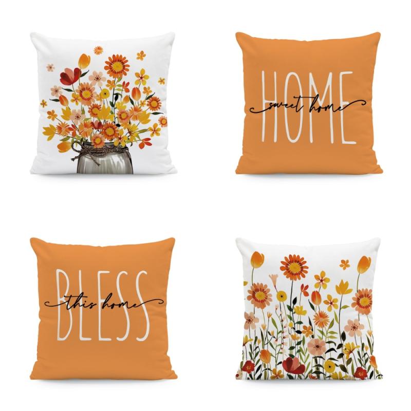 クッションカバー 肌触り柔らか 超ソフト 45cm角 秋 感謝祭 ターキー 七面鳥 モミジ 紅葉 秋の収穫 フ..