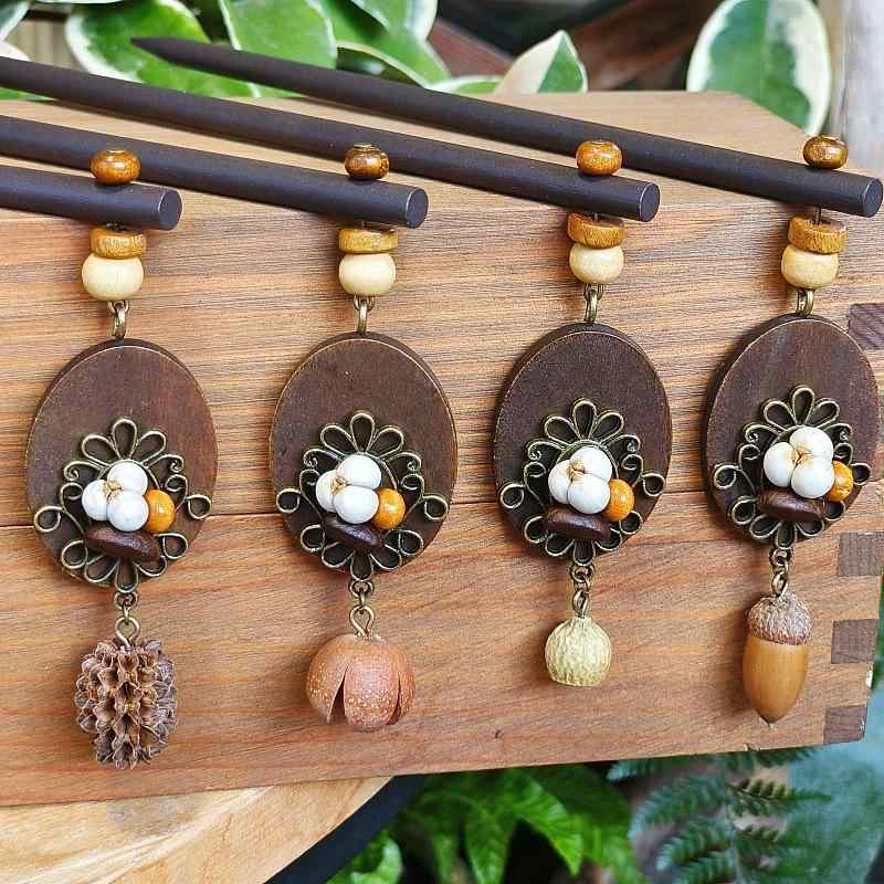 ヘアアクセサリー レディース かんざし レトロ 古風 アンティーク調 森ガール ナチュラル 木の実 コーヒー豆 ロング 木製 合金製 電気メッキ加工 華やか 結婚式 成人式 卒業式 和装 浴衣