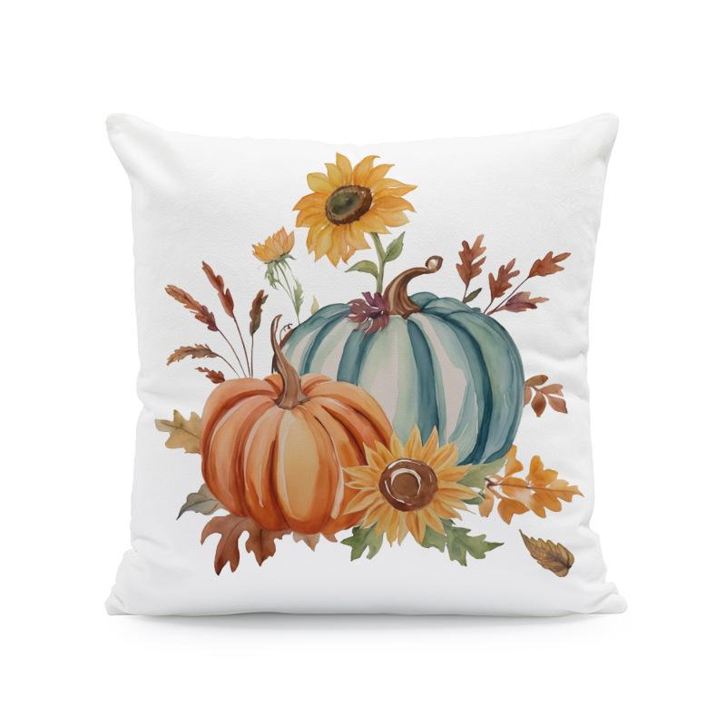 クッションカバー 超柔らか 肌触り抜群 農家風 収穫祭 パンプキン ひまわり柄 デザイン 感謝祭 ハロウィン スクエア 45cm角 ソファ リビング ベッドルーム インテリア雑貨 グリーン ホワイト