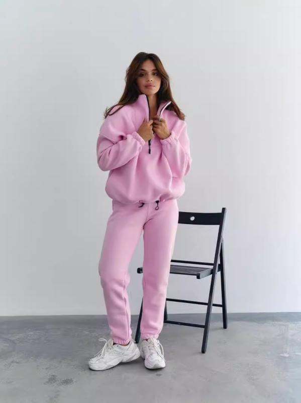 セットアップ レディース 秋冬 シンプル 着回し スタンドカラージップ 長袖 無地 スウェット ロングパンツ ルームウェア 快適 ポリエステル 2点セット