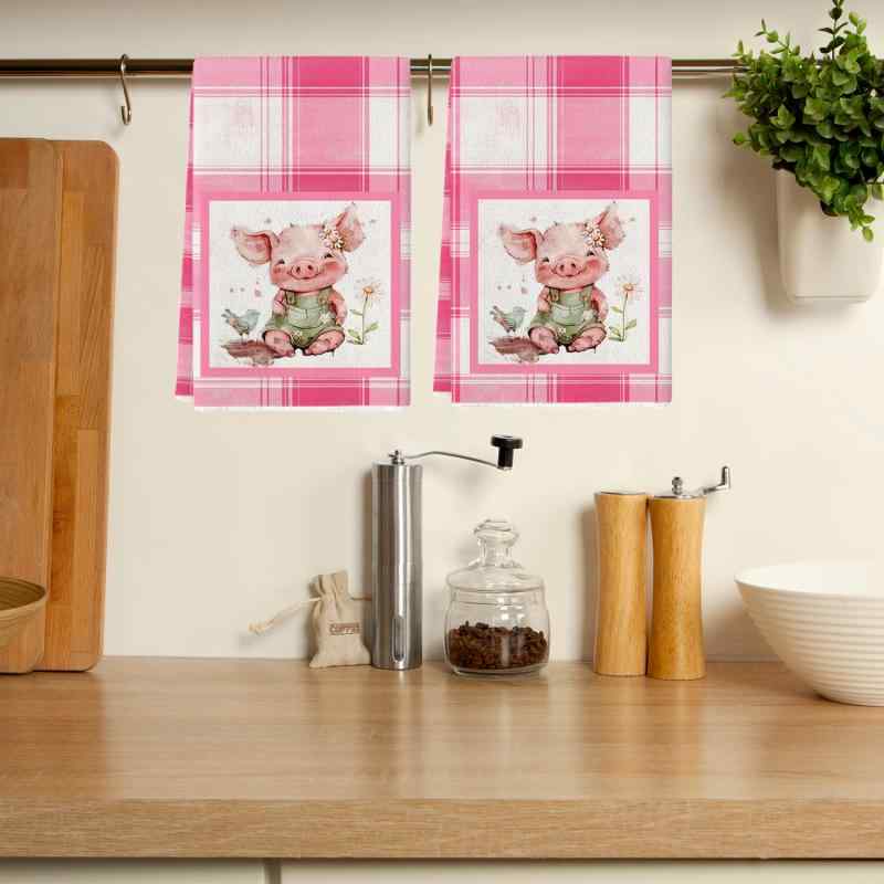 ふきん キッチンタオル 吸水性 速乾性 超極細繊維 ピンク 格子柄 かわいい 子豚 動物柄 食器拭き 鍋洗..