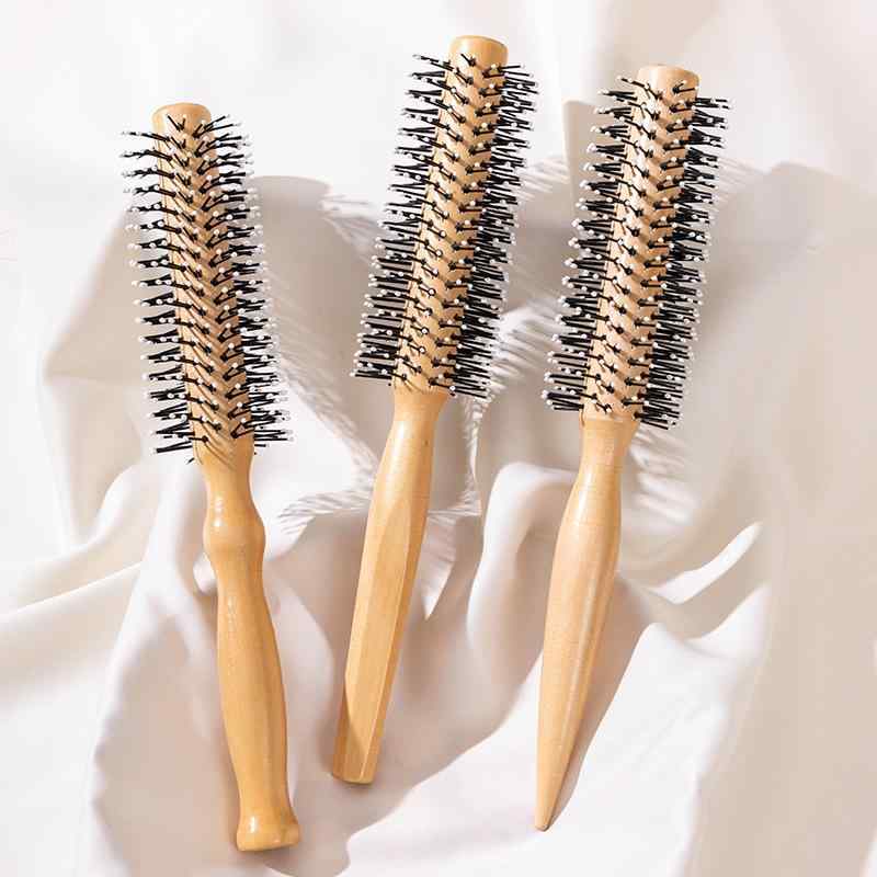 ヘアブラシ 天然木製 ロールタイプ 内巻き ボリュームアップ 巻き髪 スタイリング用 無垢材ハンドル 丸..
