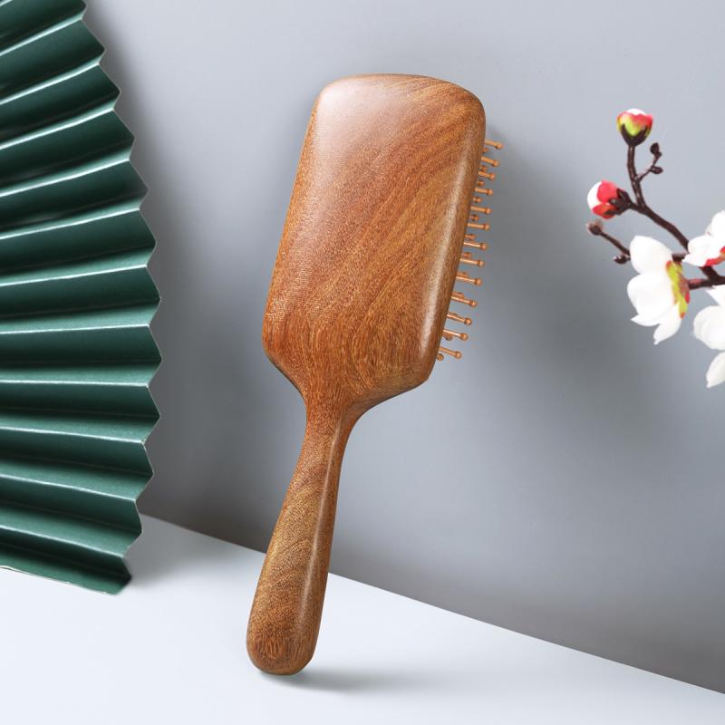 木製ヘアブラシ レディース ゴールデンサンダルウッド エアクッション マッサージ 頭皮ケア ワイド 無垢材 大型グリップ 高級感 家庭用 ブラッシング 美髪 スカルプケア