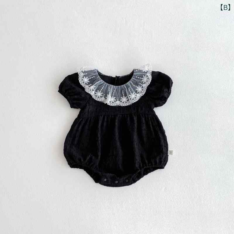セキュアデポのロンパース ベビー 女の子 春夏 レース 半袖 薄手 ポリエステル かわいい 韓国風 スナップボタン お出かけ着 カバーオール 新生児服 出産祝い アプリコット ブラック｜アングル3