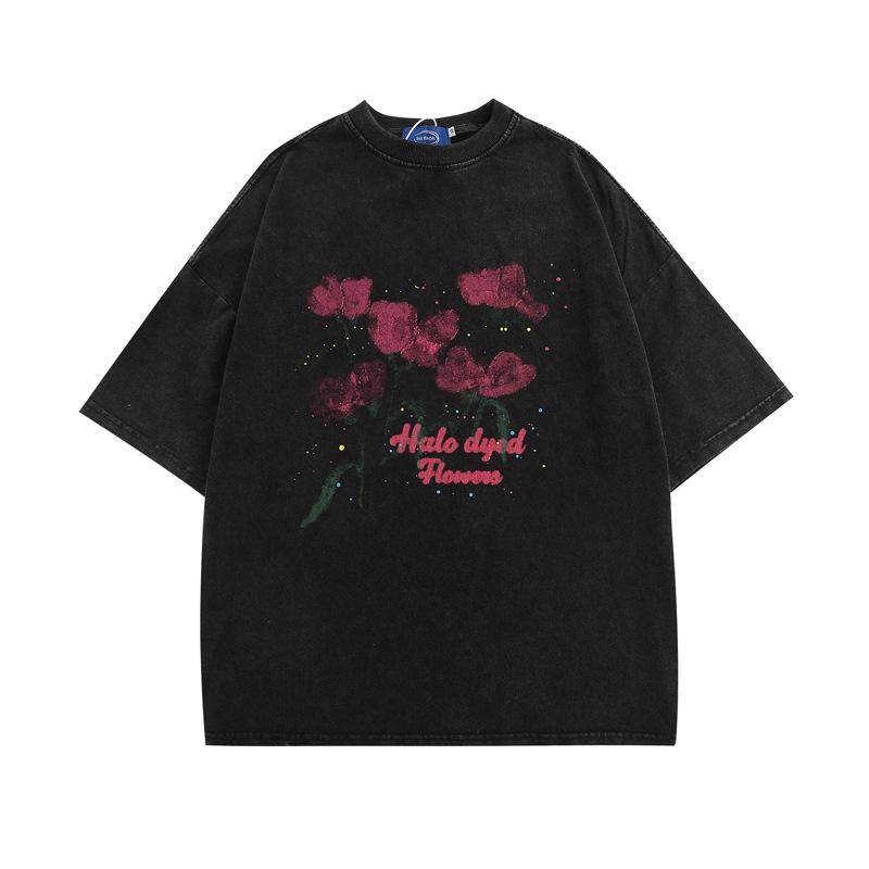 Tシャツ メンズ アメカジ レトロ ヴィンテージ ウォッシュ加工 ユーズド加工 フラワー グラフィティ プリント 半袖 ビッグシルエット ゆったり ストリート カジュアル ペア ユニセックス コットン クルーネック 通気性 春夏