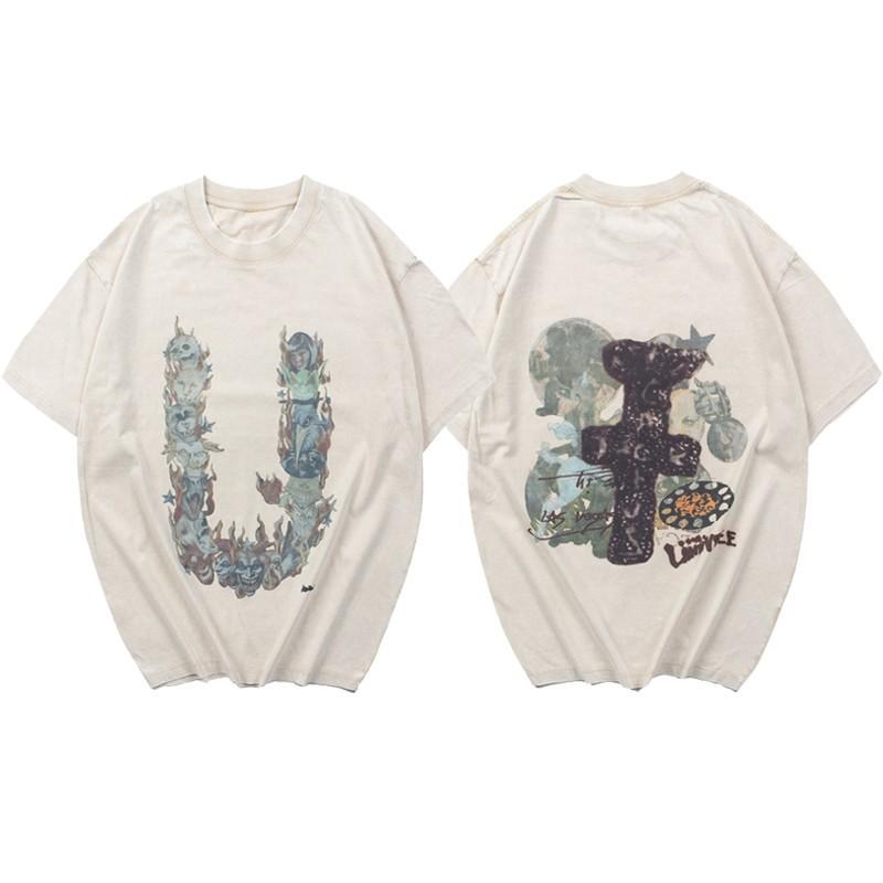 Tシャツ メンズ レディース 通気性 快適 ゆったり ルーズフィット オーバーサイズ ドロップショルダー クルーネック コットン 綿100% イラスト アート プリント アメリカンストリート カジュアル レトロ デザイン 着回し抜群 デイリーユース 普段