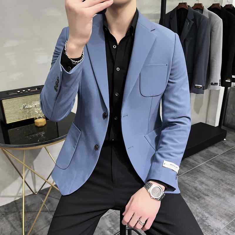 Trousers, Bottoms - ジャケット メンズ 無地 カジュアル スリムフィット 2つボタン シングルブレスト ストレッチ 上質な質感 春夏 ビジネス オフィス 通勤 ポリエステル ブラック ネイビー ライトブルー