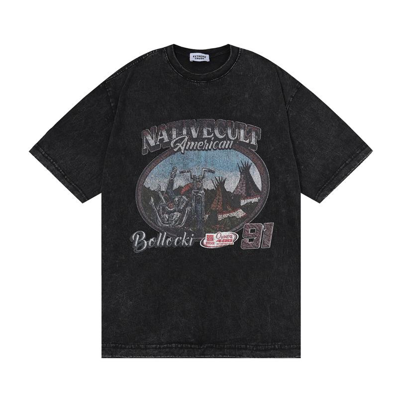 T-Shirts - Tシャツ メンズ 男性用 通気性抜群 アメリカンヴィンテージ アメカジ レトロ ウォッシュ加工 ダメージ加工 ユーズド加工 バイカー プリント グラフィック ヒップホップ HIPHOP ゆったり ルーズフィット オーバーサイズ ストリート カジュアル 半