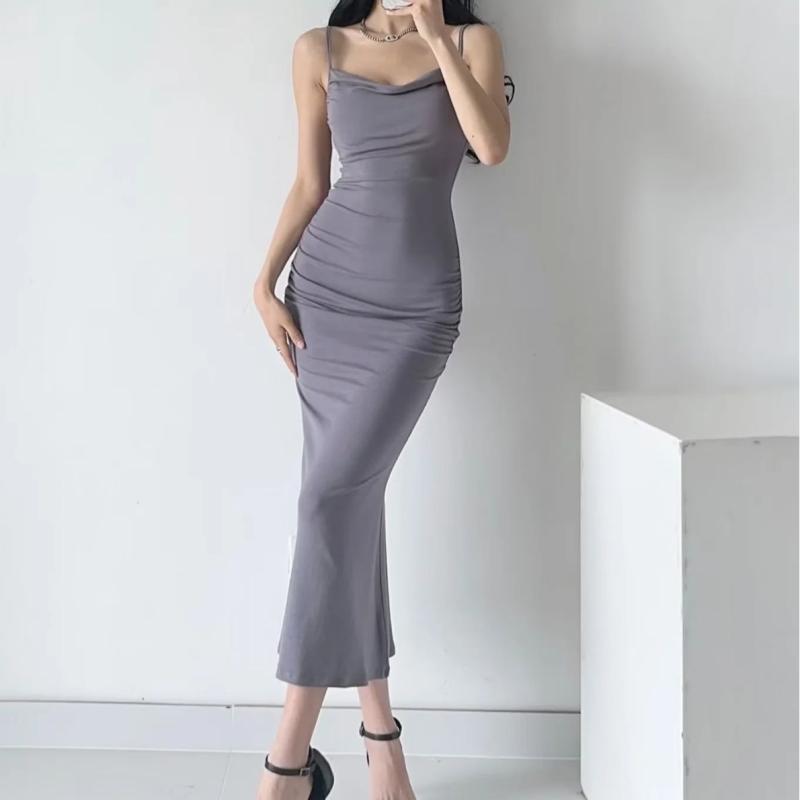 ワンピース レディース カウルネック キャミソール プリーツ ストレッチ スリムフィット 無地 ハイウエスト マーメイド ロング丈 セクシー エレガント 春夏