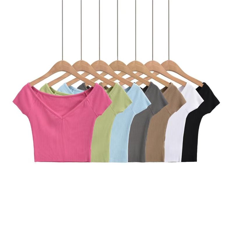 樂天商城 - Tシャツ レディース Vネック 半袖 ショート丈 クロップド丈 ハイウエスト対応 肌見せ スリムフィット 着回し フレンチカジュアル ストリート トレンド 春夏