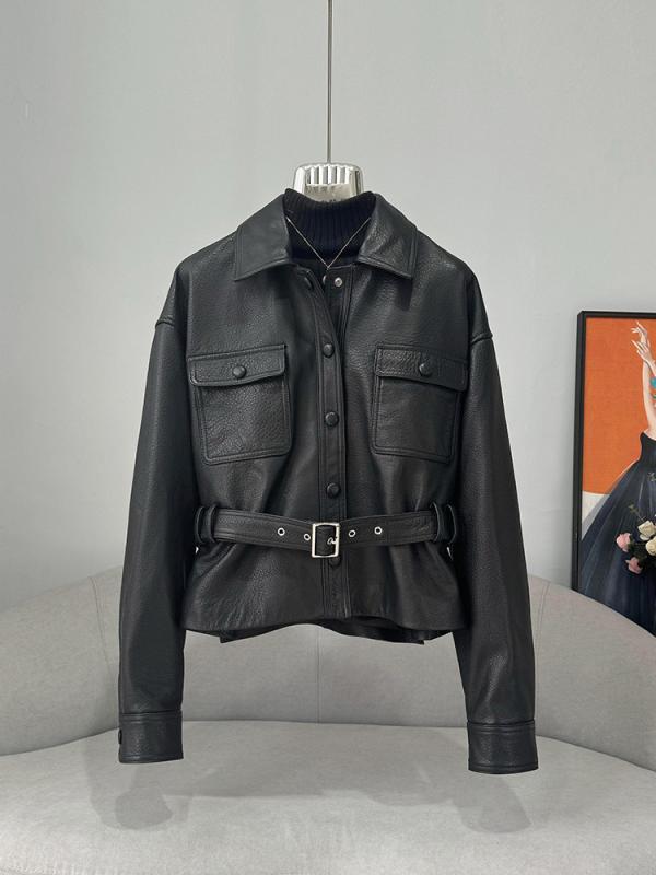 レザージャケット レディース 羊革 ライダース ショート丈 ライチ柄 ウエストシェイプ シャツ襟 スリムフィット 上品 長袖 春夏 通勤 ブラック