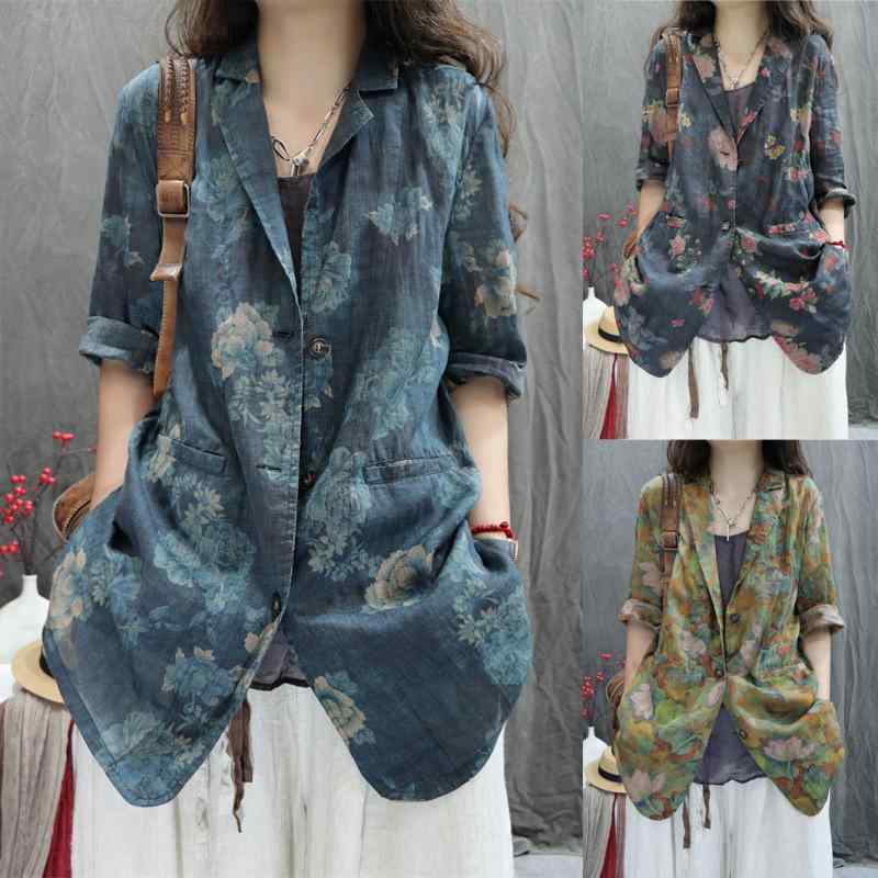 ジャケット レディース ゆったり リラックスフィット 綿麻 リネン素材 レトロ プリント柄 シングルボタン カジュアル 快適 春夏 アウター 羽織り 上着