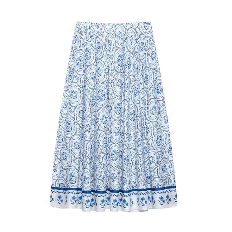 スカート レディース ミドル丈 ハイウエスト ゆったり Aライン プリント スウィート 欧米風 ポリエステル 微ストレッチ 春夏 お出かけ デート きれいめ