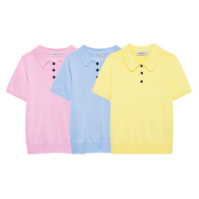 Rakuten - Tシャツ レディース 半袖 ポロ襟 ニット 欧米スタイル シンプル ファッション プルオーバー 無地 ポリエステル素材 カジュアル 着回し デイリーユース 春夏