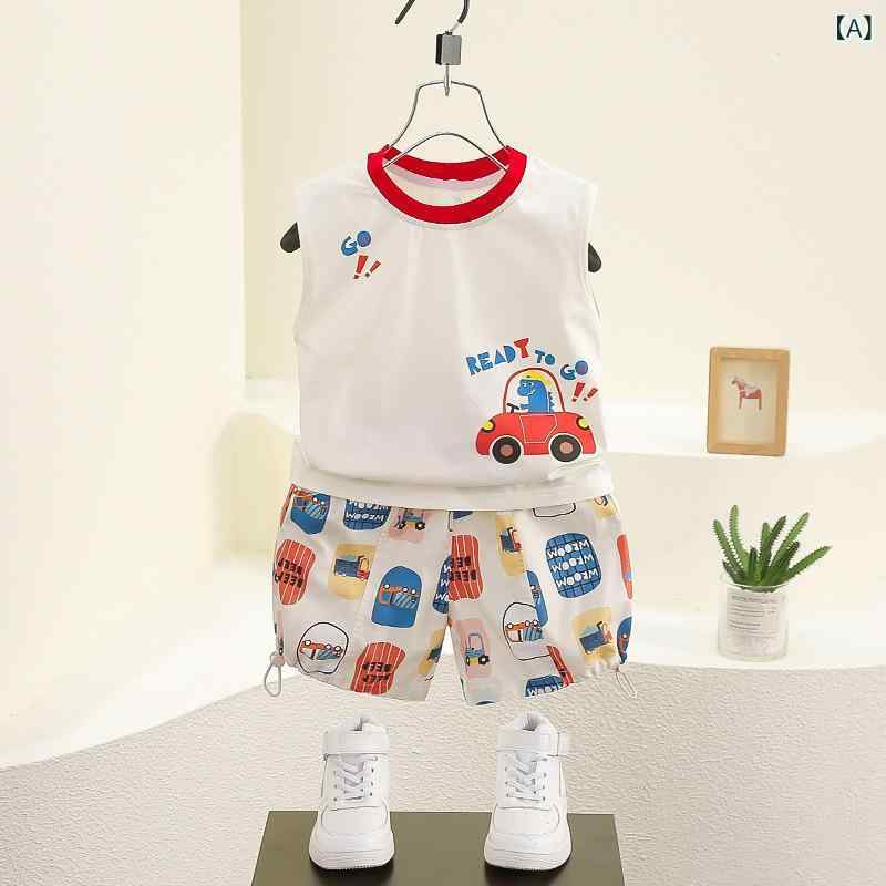 ・カテゴリ: 子供服セットアップ・対象性別: 男女兼用・スタイル: カジュアル・セット内容: トップス、ボトムスの2点セット・対象年齢: 3〜8歳（身長100〜140cm）・袖丈: ノースリーブ・フード: なし・ボトムス丈: ショートパンツ・生地加工: 柔軟加工・生地の厚さ: 薄手・柄: キャラクター・デザイン要素: スポーツ、キャラクター、キュート・主な素材: 綿 80%・安全基準: B類・着用タイプ: プルオーバー・カラー展開: ホワイト・サイズ展開: 80cm、90cm、100cm、110cm、120cm、130cm
