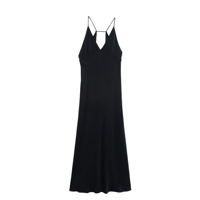 ワンピース レディース 春夏 欧米風 ストリート エレガント 大人カジュアル ブラック Vネック ノースリーブ キャミソール ハイウエスト バックオープン Aライン ロング丈 ポリエステル 切り替えデザイン